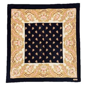 Oulivado VTG French Cotton Scarf Navy Blue Cream Floral Paisley Bandana 29x31